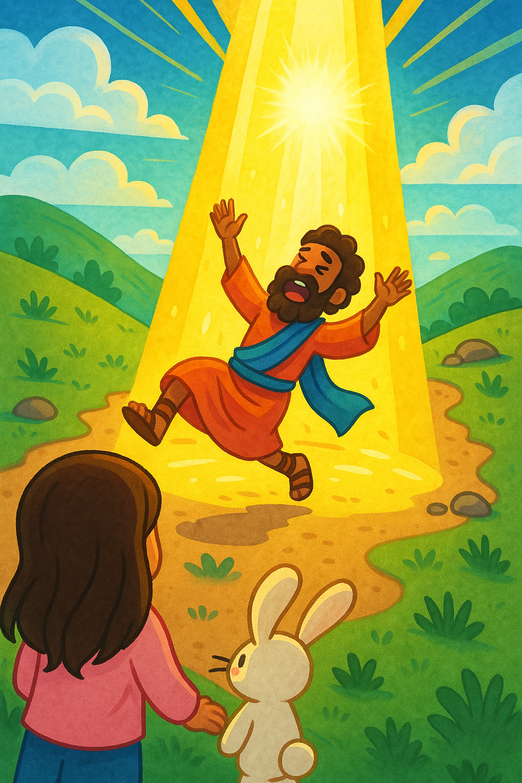 A bright light shines down on Saul as he falls to the ground while a girl and white bunny watch