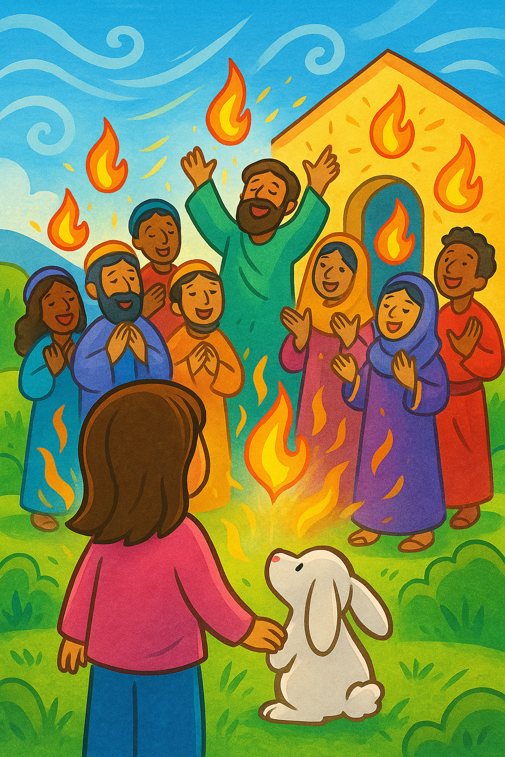A young girl and white bunny watch diverse believers rejoice with flames above their heads at Pentecost