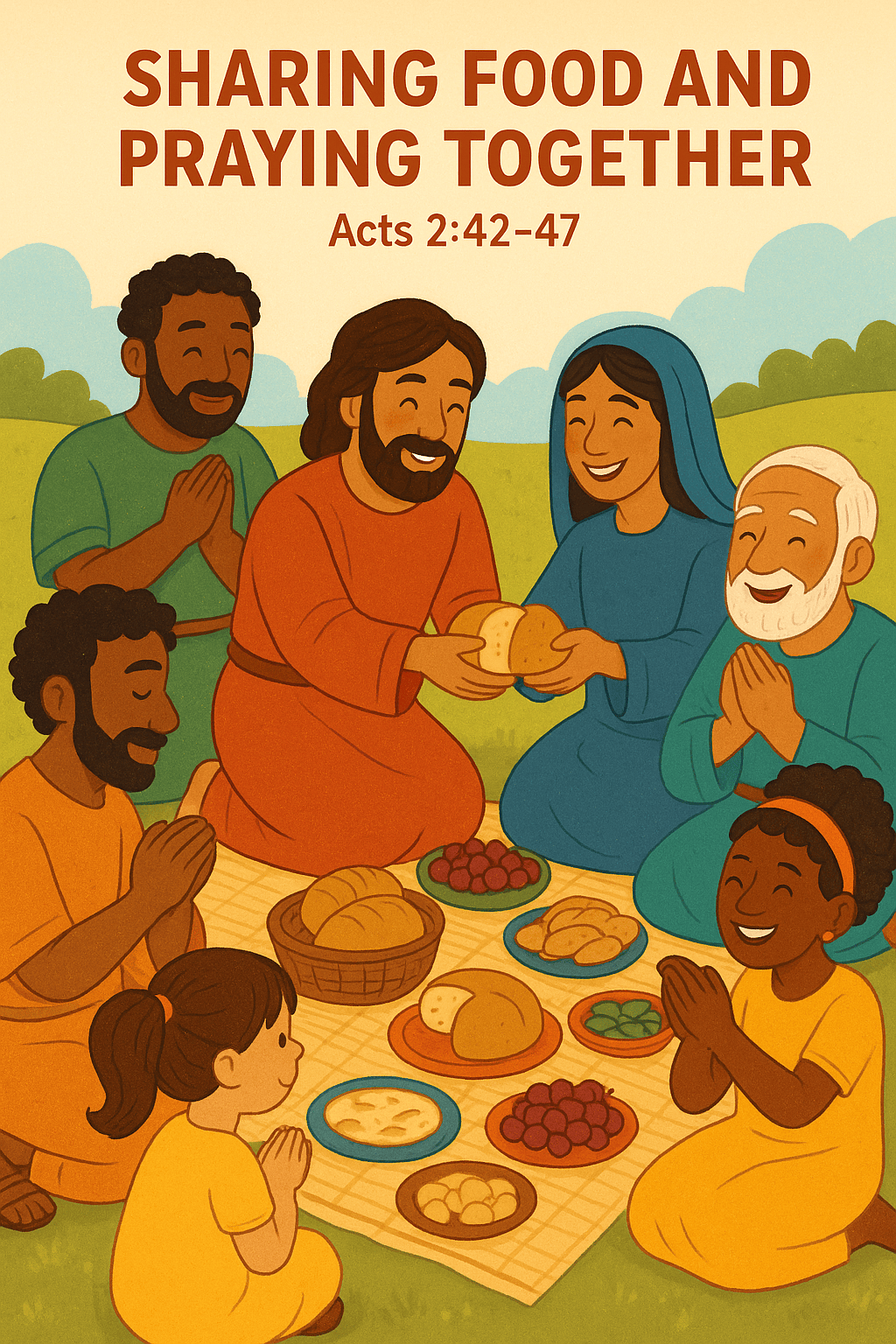 Diverse group of early Christians sharing food and praying together outdoors in a joyful, colorful setting inspired by Acts 2:42–47