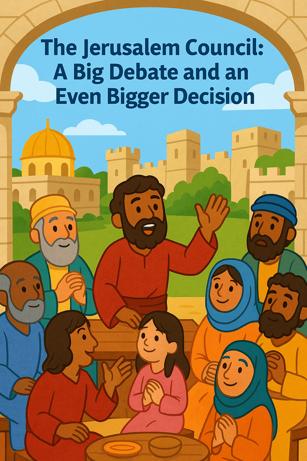 Cartoon-style illustration of diverse early church leaders debating at the Jerusalem Council with ancient Jerusalem in the background