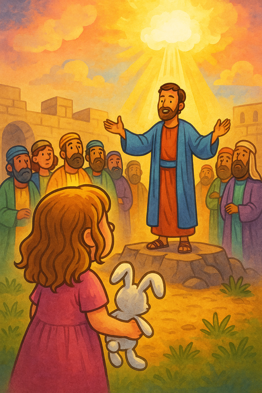 Girl with light brown hair and white bunny watches Stephen speak to a crowd under a beam of heavenly light