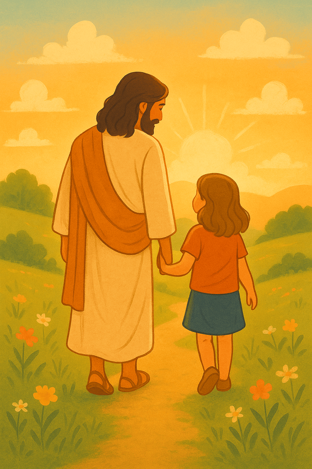 Jesus walking beside a young girl with brown hair on a path through a sunny meadow, holding her hand and sharing a peaceful moment