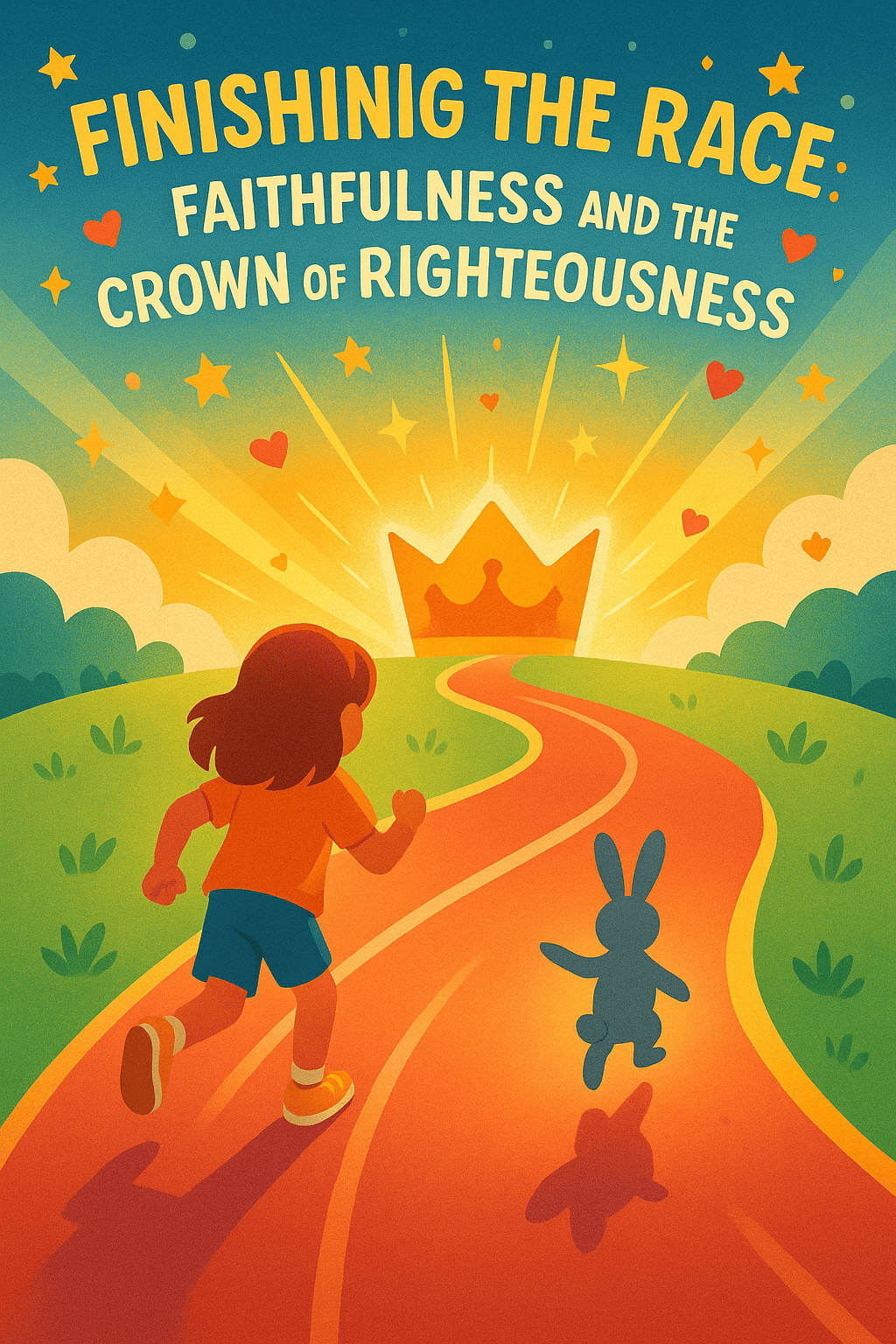 Silhouettes of a girl and bunny running on a colorful race track toward a glowing crown with hearts and stars around