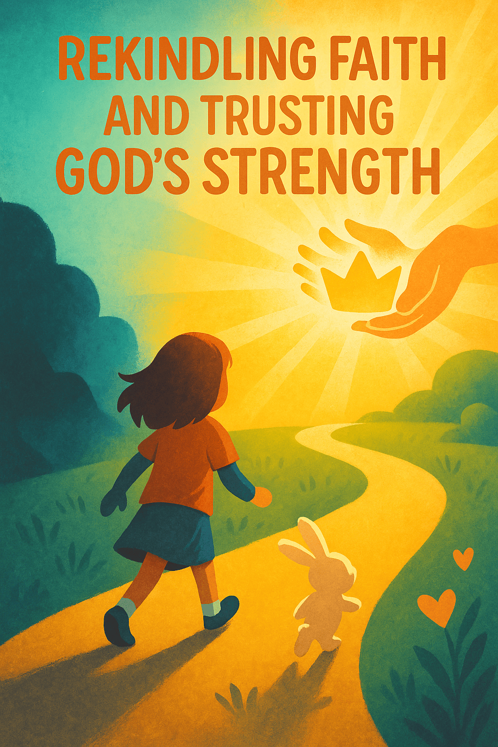 Young girl and bunny walking from darkness into light on a glowing path with open hands and a crown above