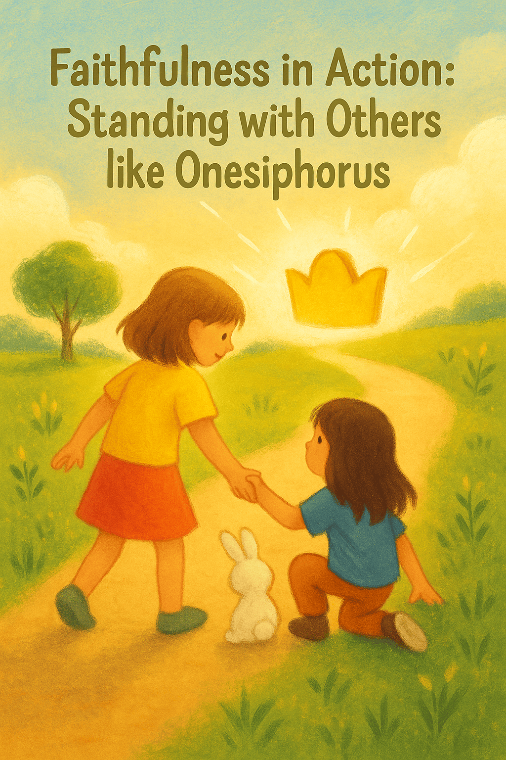 Two girls on a sunlit path, one helping the other up, with a white bunny nearby and a glowing crown in the background