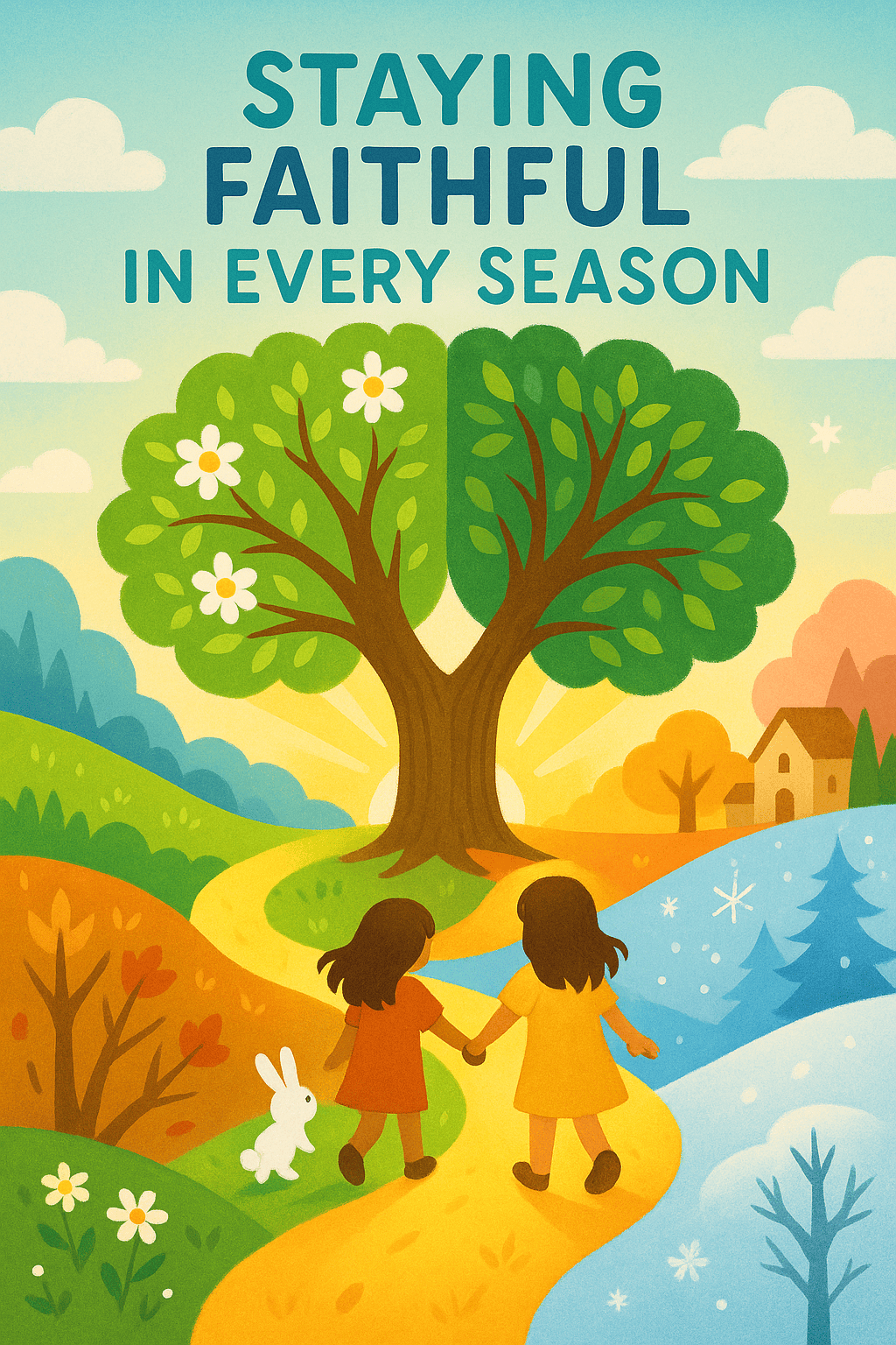 Two girls and a white bunny walking along a colorful path through four seasons under a large tree with branches showing spring, summer, fall, and winter