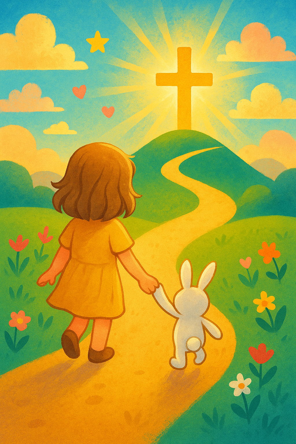 Young girl with wavy light brown hair and a white bunny walking hand-in-hand toward a glowing cross on a hill in a colorful, playful landscape
