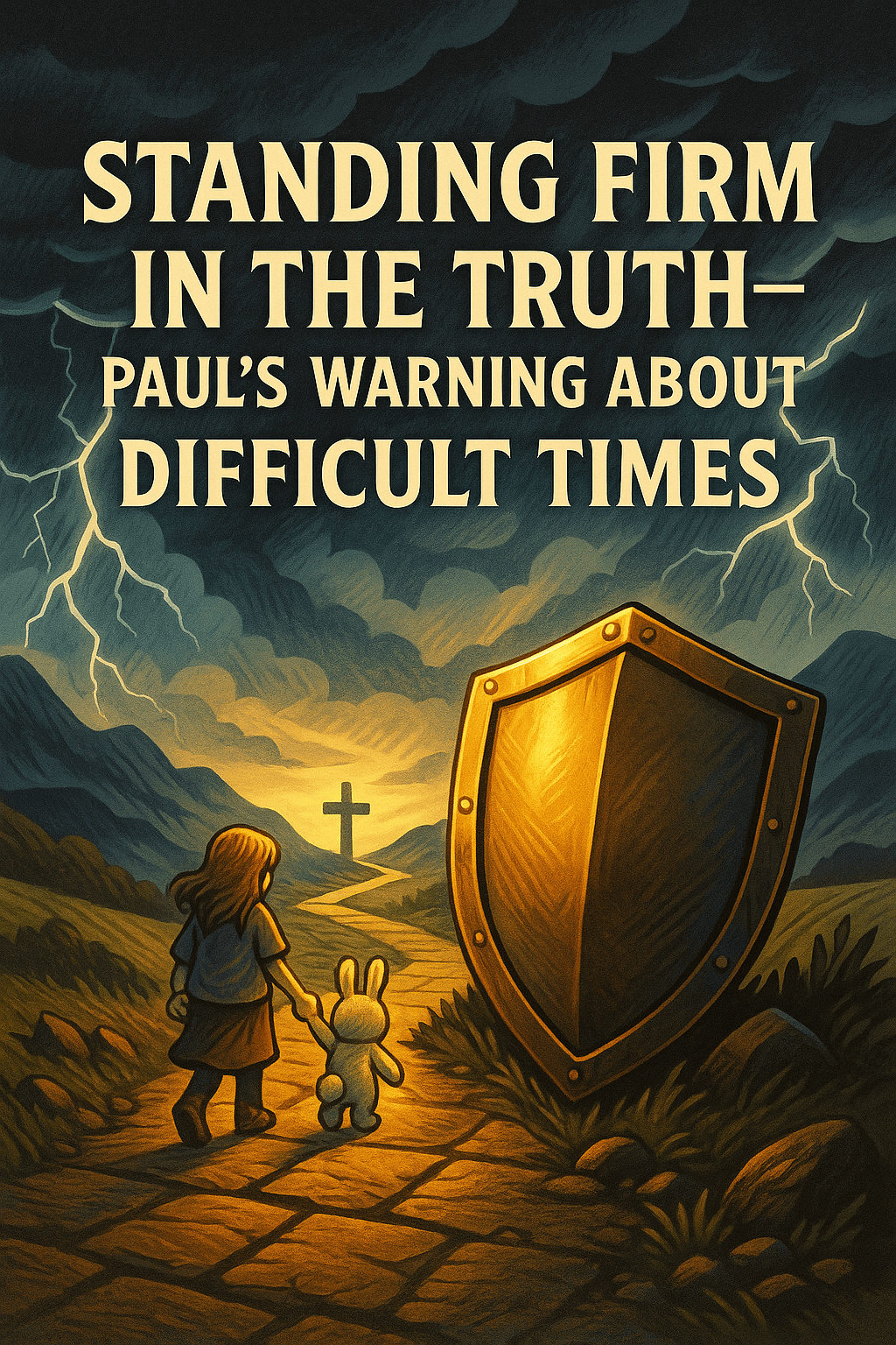 Young girl and white bunny walking on an ancient stone path toward a glowing cross with a large shield and stormy sky overhead