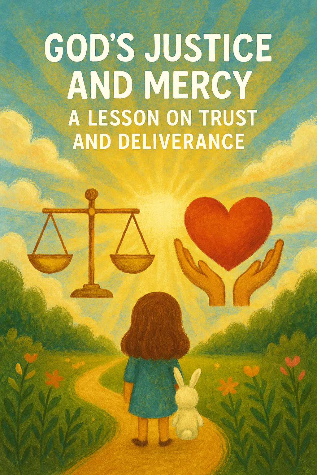 Girl and bunny walking toward scales and heart in sky representing God’s justice and mercy