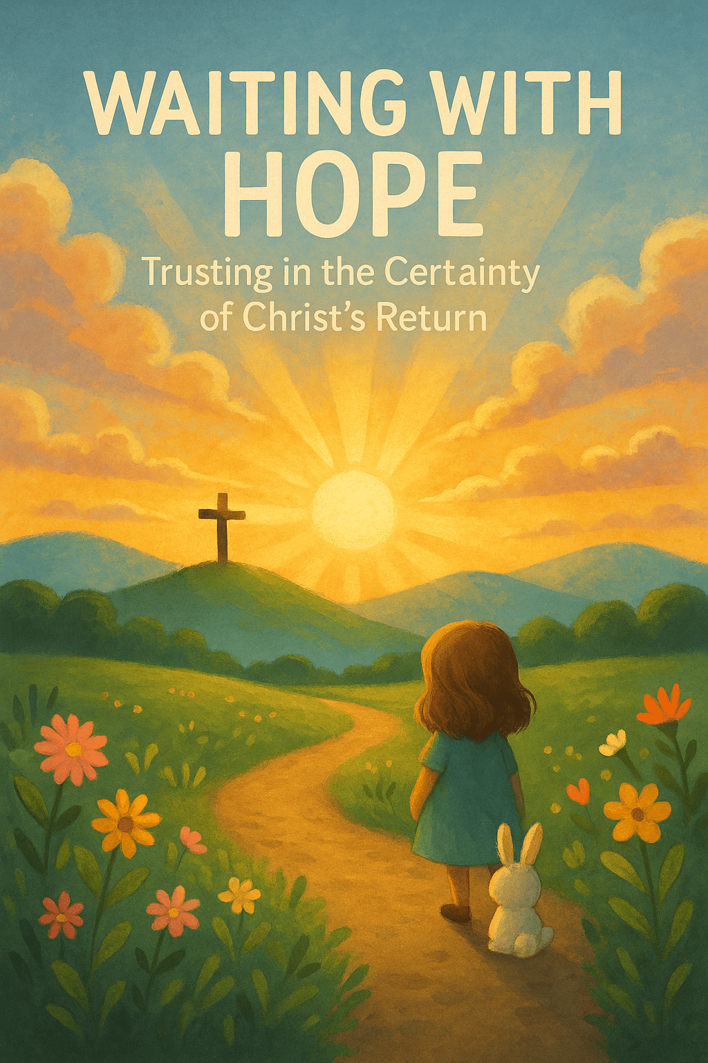 Girl and bunny walking a flower path toward a sunrise and distant cross on a hill
