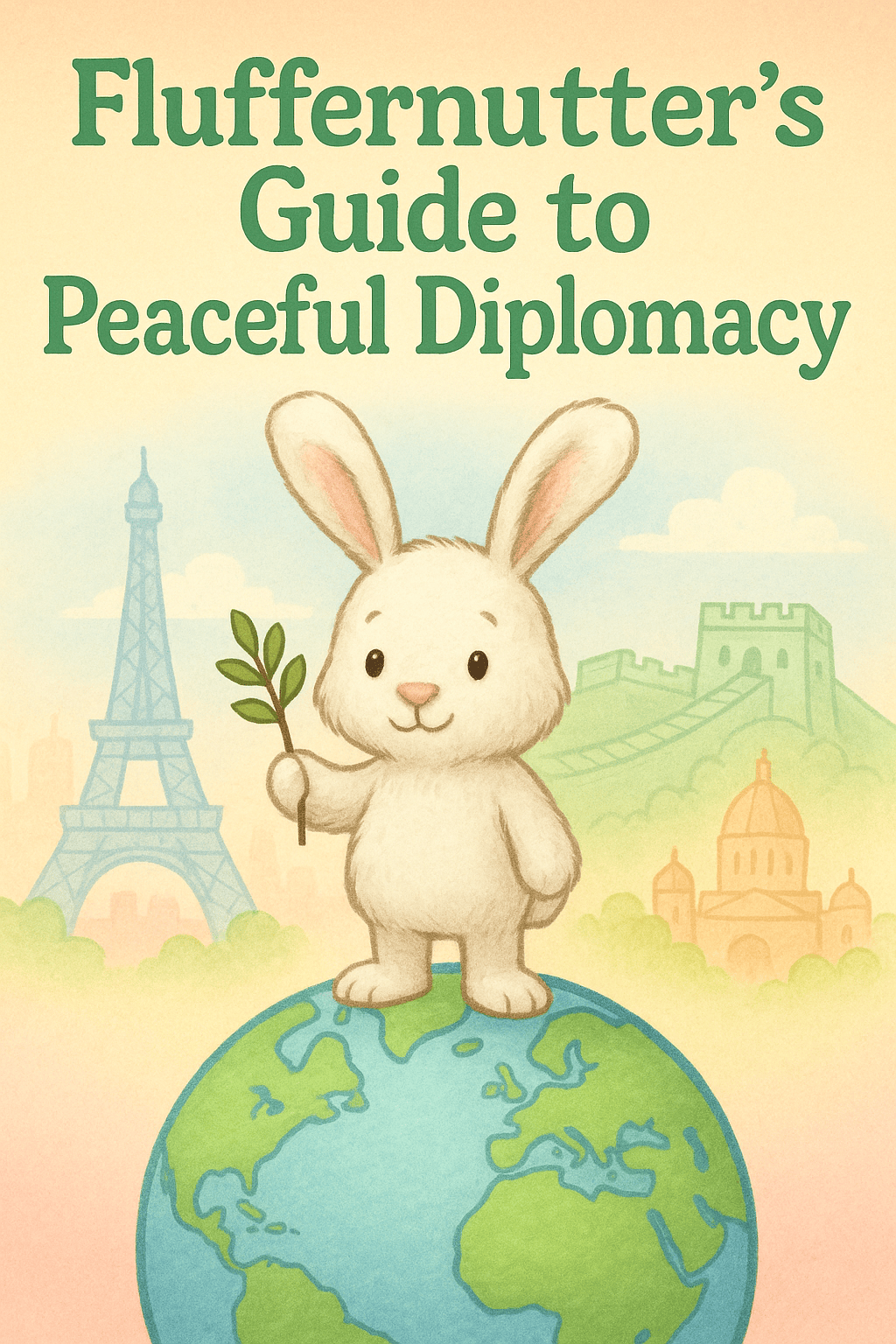 white bunny holding olive branch standing on globe with Eiffel Tower and Great Wall of China in background