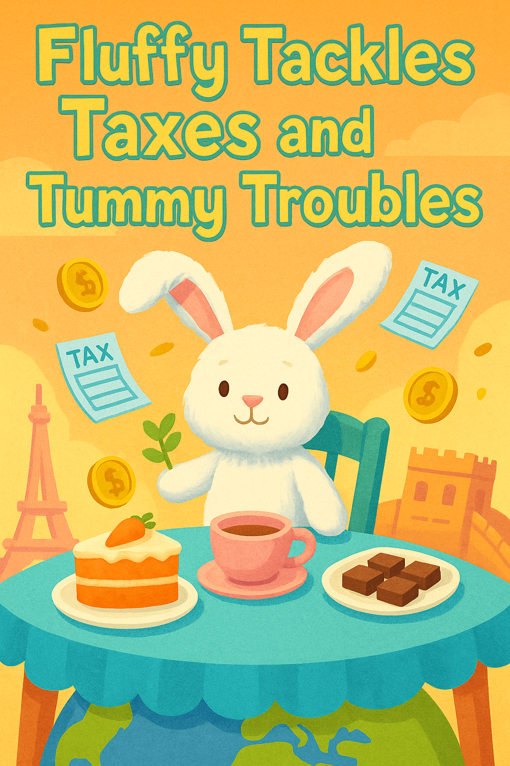 white bunny at tea table with carrot cake, chocolate, and tax forms in colorful children’s illustration