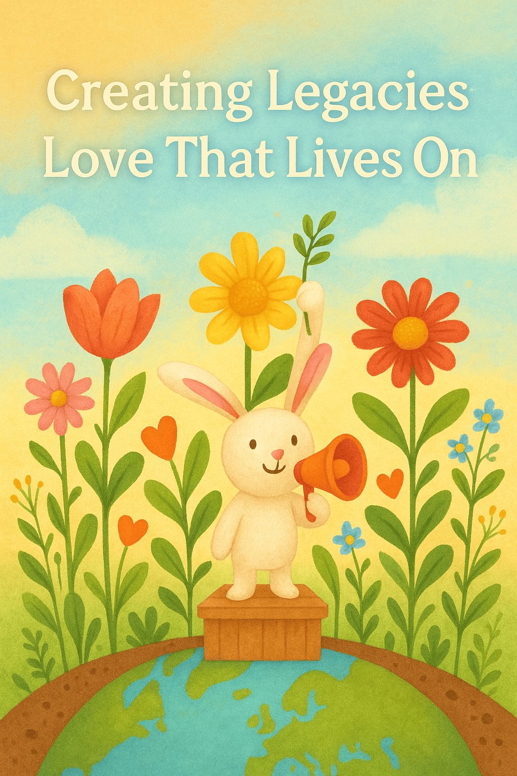white bunny in garden with heart-shaped leaves and colorful flowers under blog title about love and legacy