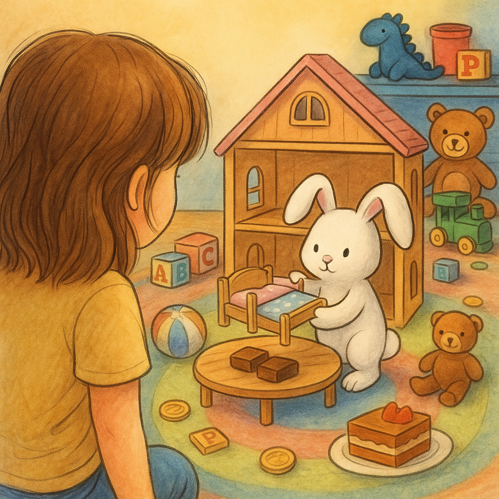 white bunny placing tiny bed in dollhouse while young girl with brown hair watches in cozy toy-filled room