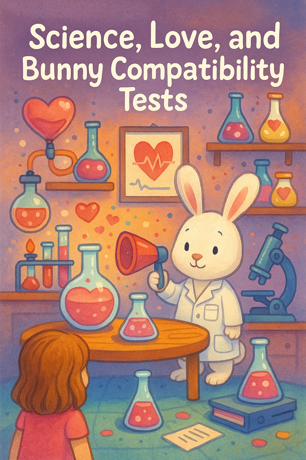 white bunny in lab coat conducting heart-themed science experiments in colorful lab with beakers and microscope