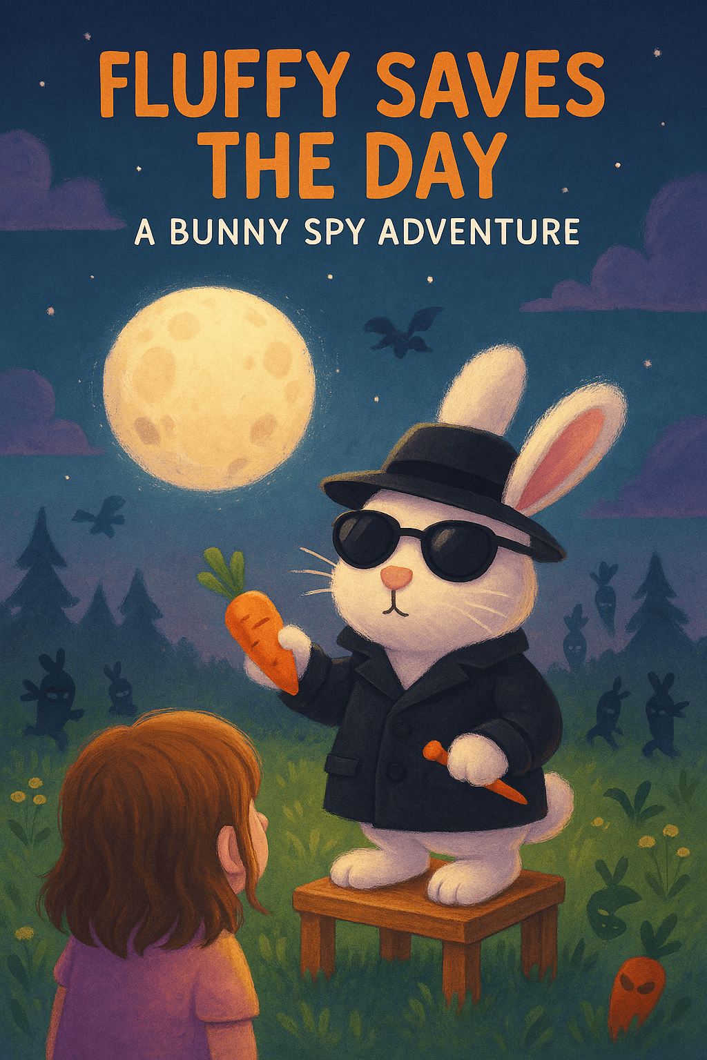 white bunny in spy outfit holding carrot communicator in moonlit meadow with ninja carrot silhouettes