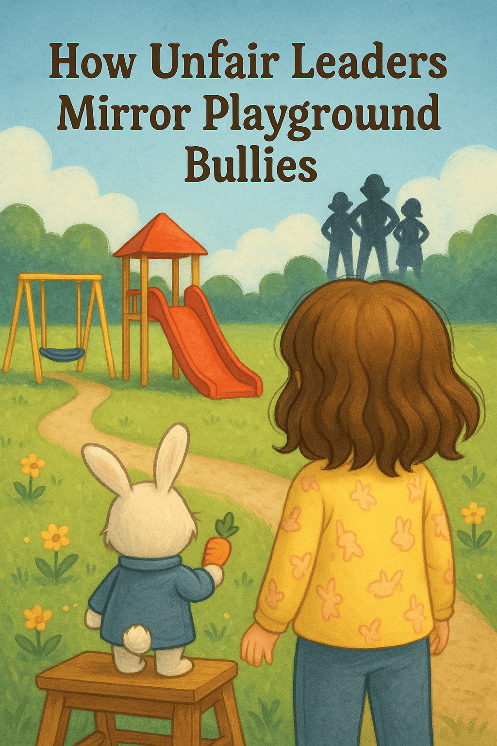 girl with wavy brown hair and white bunny watching shadowy figures near slide in symbolic playground scene