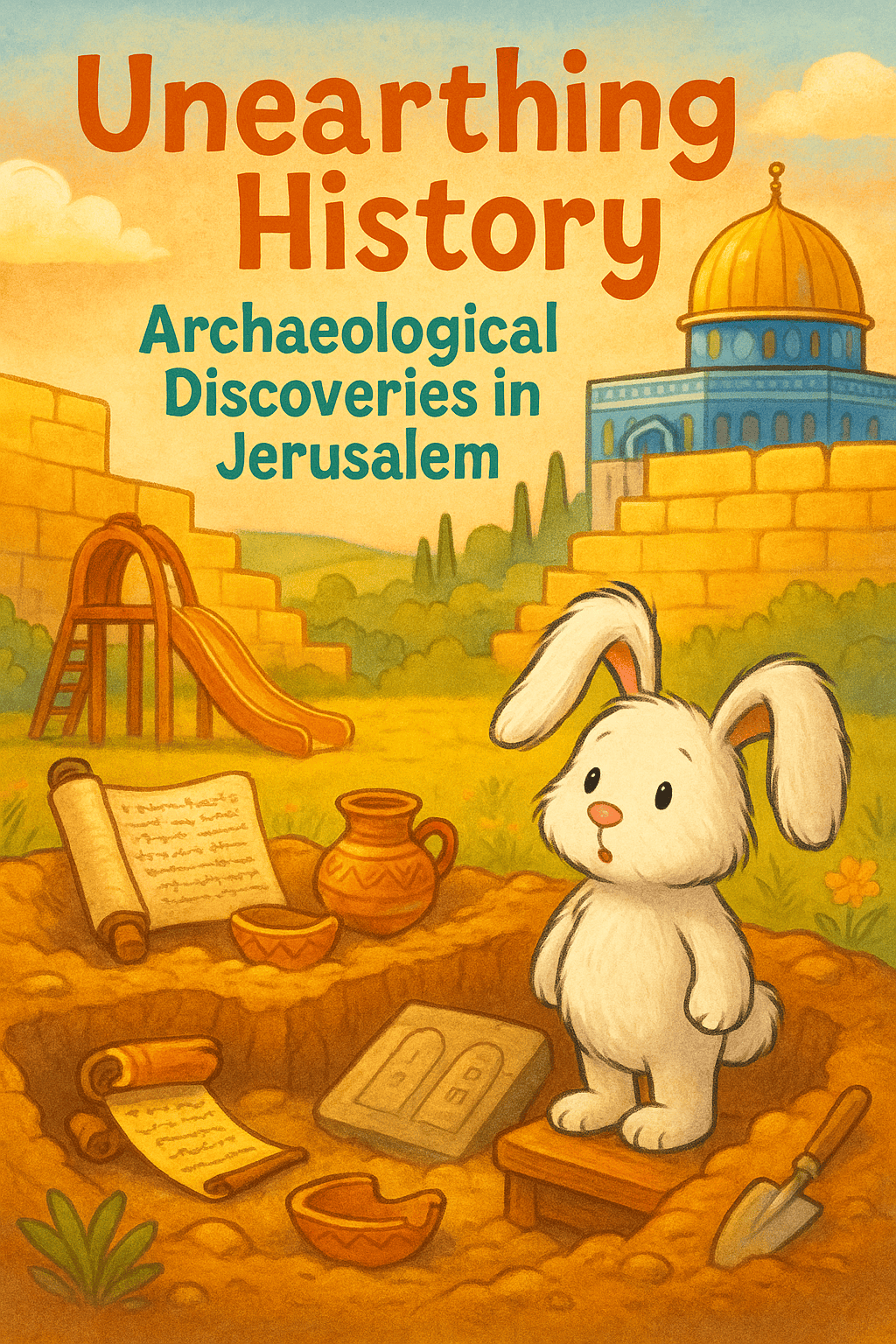white bunny at archaeological dig near Western Wall with scrolls, pottery, and stone tablets under sunny sky