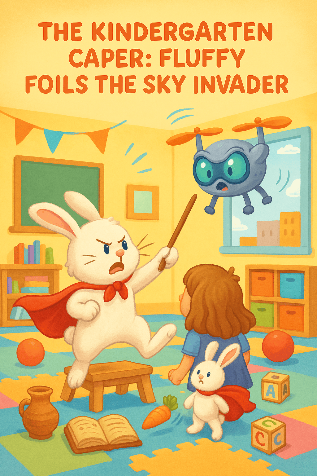 white bunny in cape confronts cartoon drone in colorful kindergarten classroom with foam tiles and toys