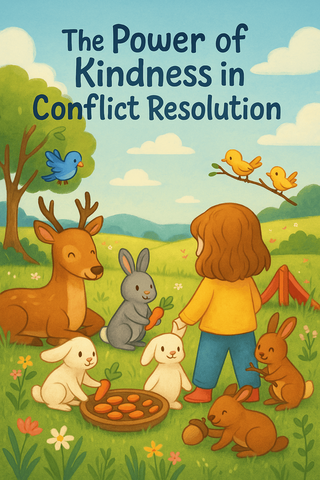 girl and white bunny in meadow with deer, rabbits, and birds sharing carrots and acorns peacefully
