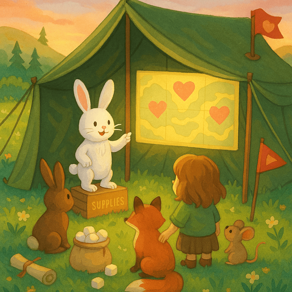 white bunny leads safety briefing in meadow tent with glowing map, woodland animals, marshmallows, and flags