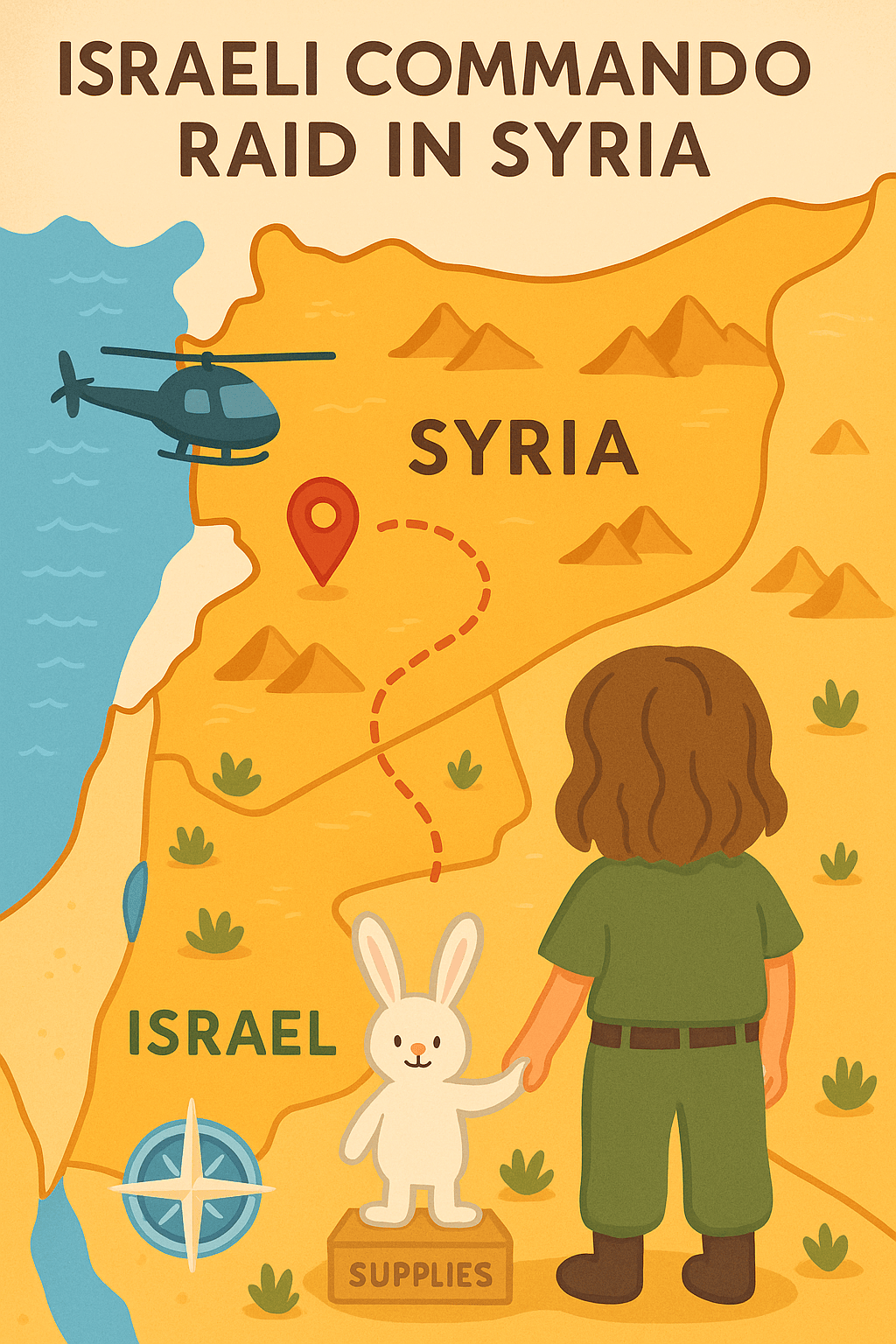 illustrated map showing Israeli commando raid route to Syria with helicopters, mountains, and child observing with bunny