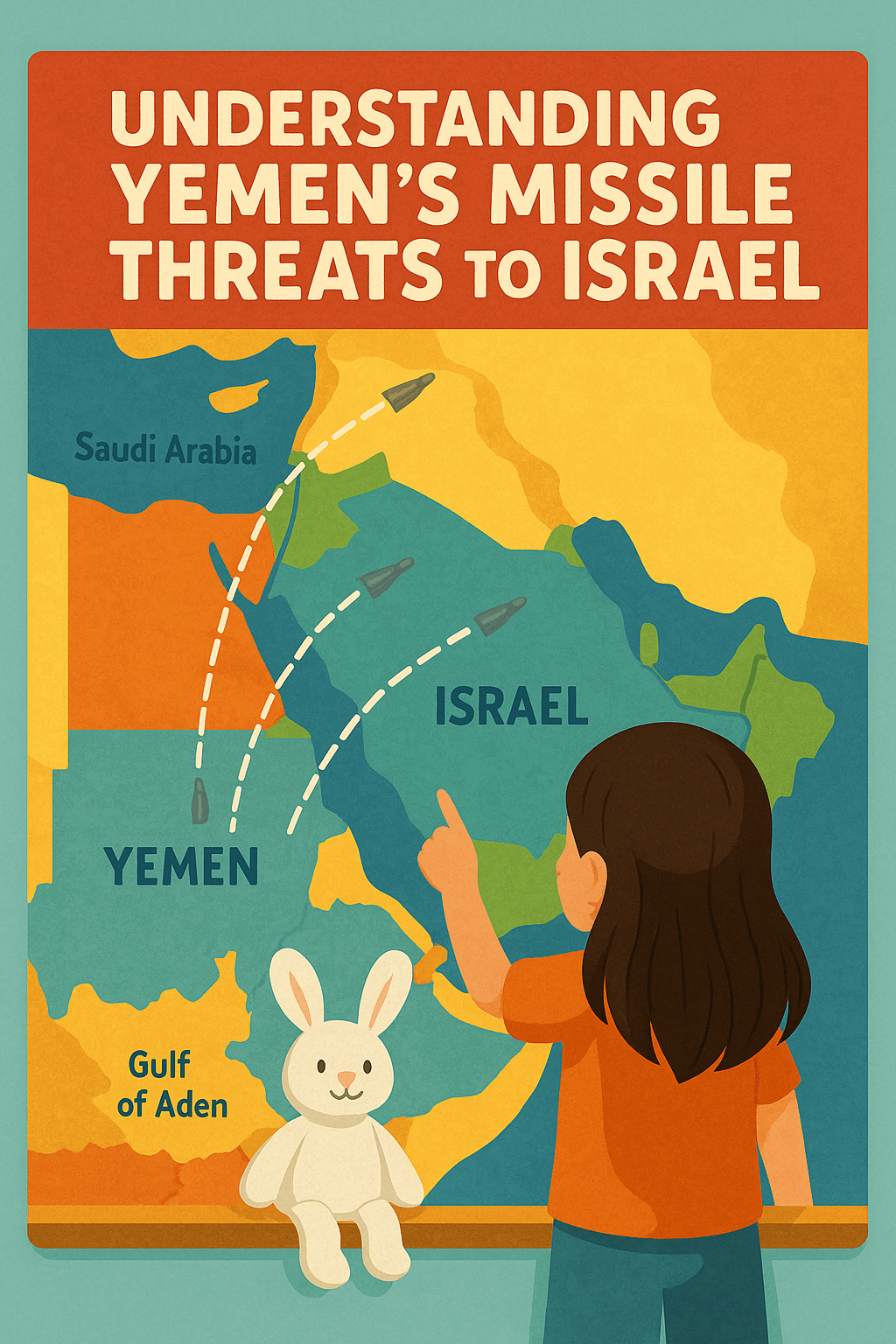 Child and stuffed bunny pointing at a map showing missile paths from Yemen to Israel in a colorful, educational style