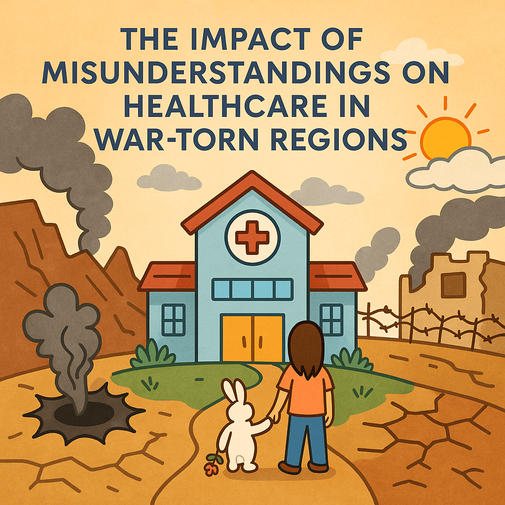 Girl and white bunny standing before a hospital in a war-torn landscape with smoke, barbed wire, and signs of hope