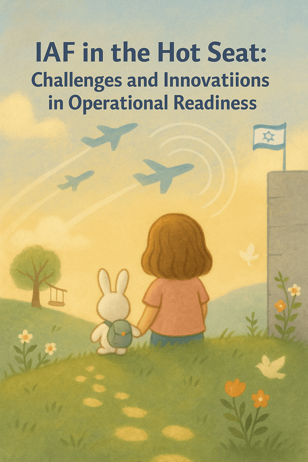 Girl and white bunny with a backpack watching jets and radar waves in the sky from a hilltop with flowers and a peaceful flag