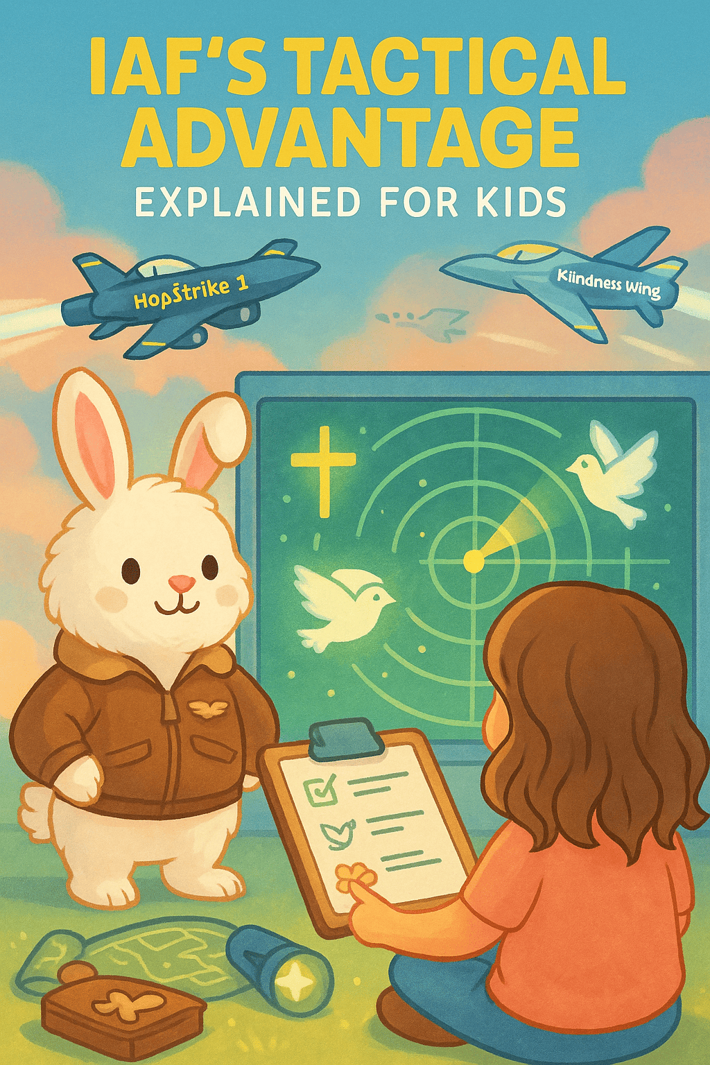 White bunny in pilot jacket and girl watching a radar with faith symbols as cartoon jets labeled HopStrike 1 and Kindness Wing fly by