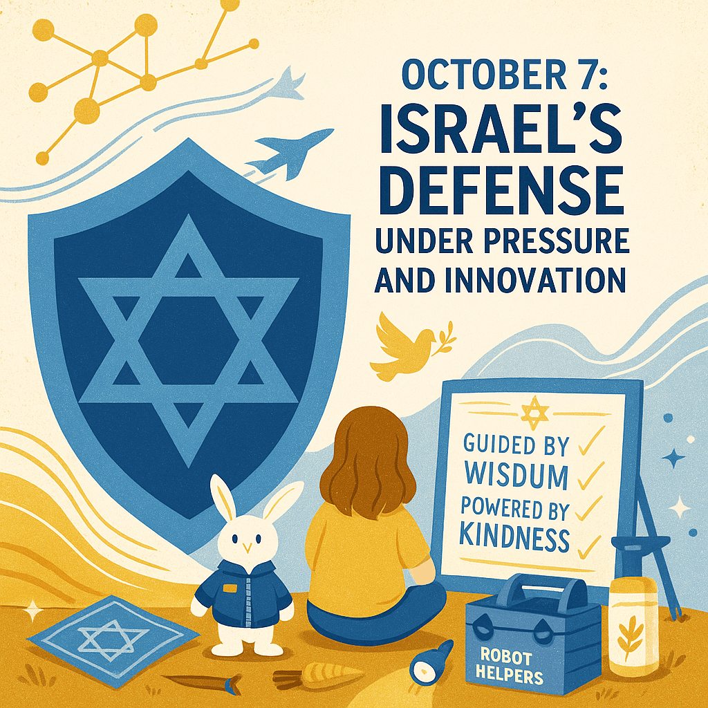Girl and bunny facing a large blue Star of David shield with radar lines, dove, faith board, and toolkit representing Israel’s defense and innovation