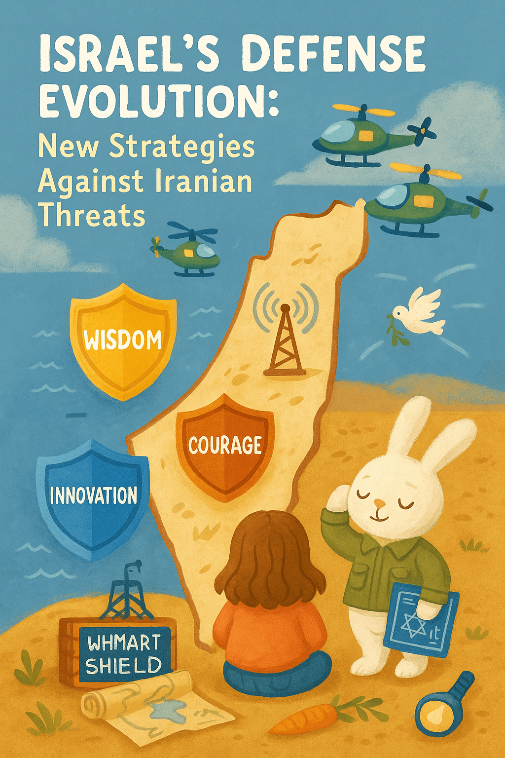 Map of Israel with labeled shields for wisdom, courage, and innovation; toy helicopters, radar tower, and bunny saluting with blueprint