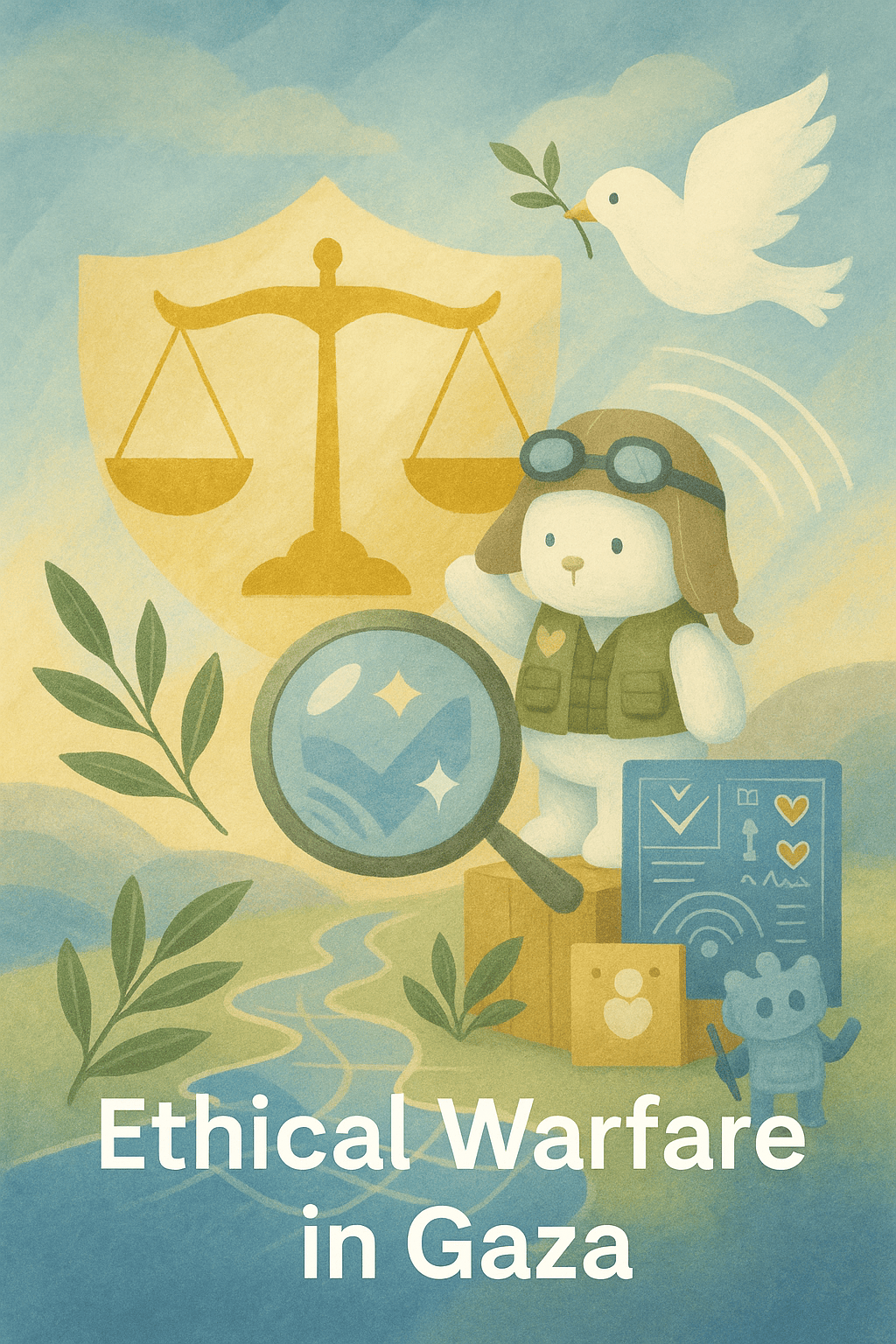 Bunny in aviator cap near golden justice scales, olive branches, and magnifying glass in peaceful pastel scene about ethical warfare