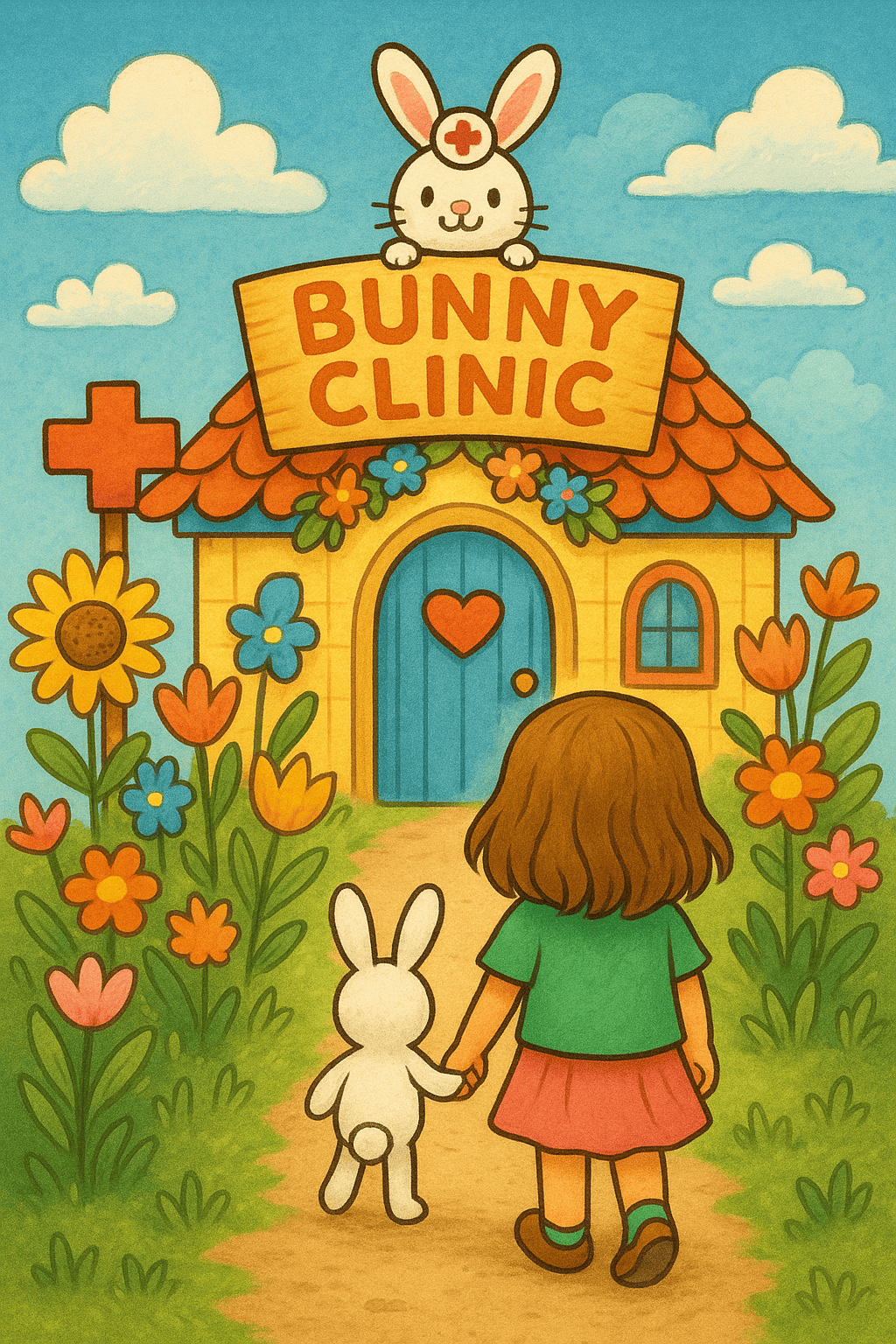 Alice and her stuffed bunny Fluffernutter walking toward a colorful Bunny Clinic surrounded by flowers