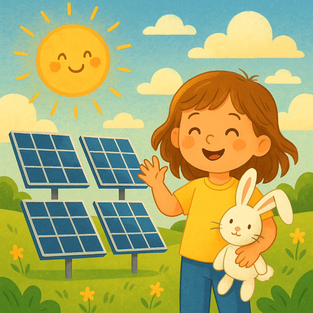 Young girl with wavy brown hair holding a white stuffed bunny stands smiling by solar panels in a bright sunny field.
