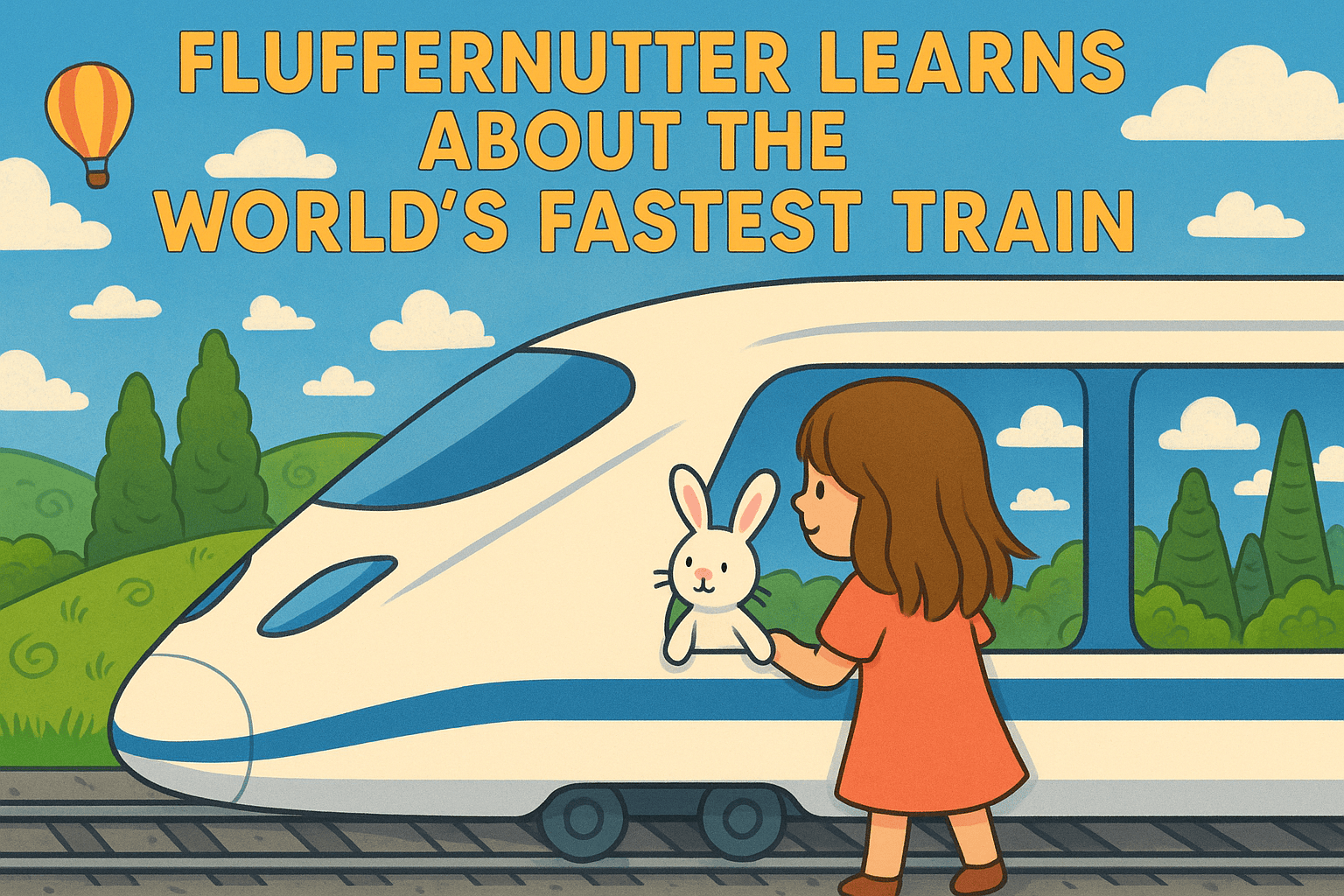 Alice and Mr. Fluffernutter stand beside a high-speed train in a whimsical, child-friendly landscape