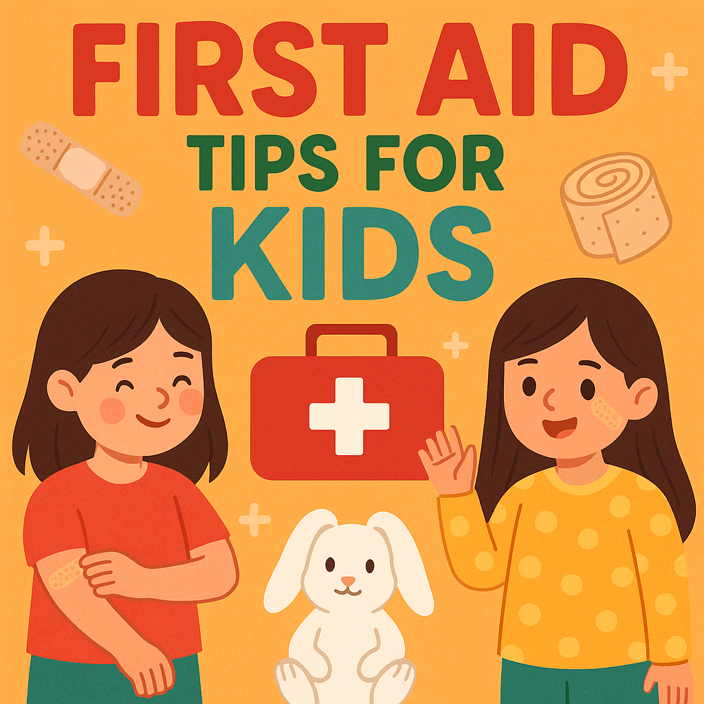 two smiling girls with bandages and a white bunny next to a red first aid kit on a colorful poster titled first aid tips for kids