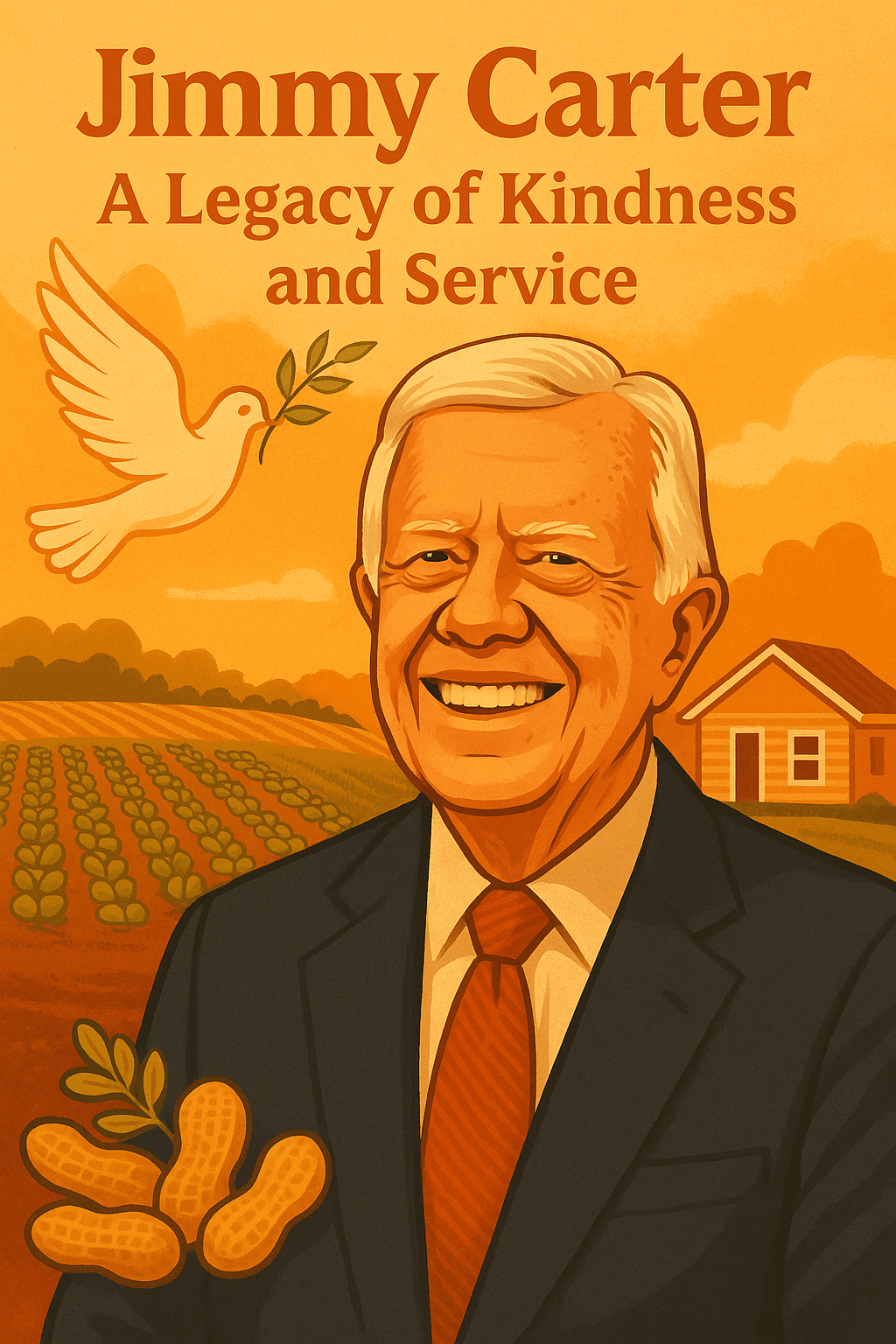 Jimmy Carter smiling warmly with a peace dove, peanut farm, and Habitat for Humanity house in the background