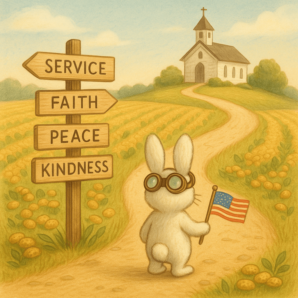 White stuffed bunny with goggles holding American flag at crossroads with signs reading Service, Faith, Peace, and Kindness, on a path toward a small country church
