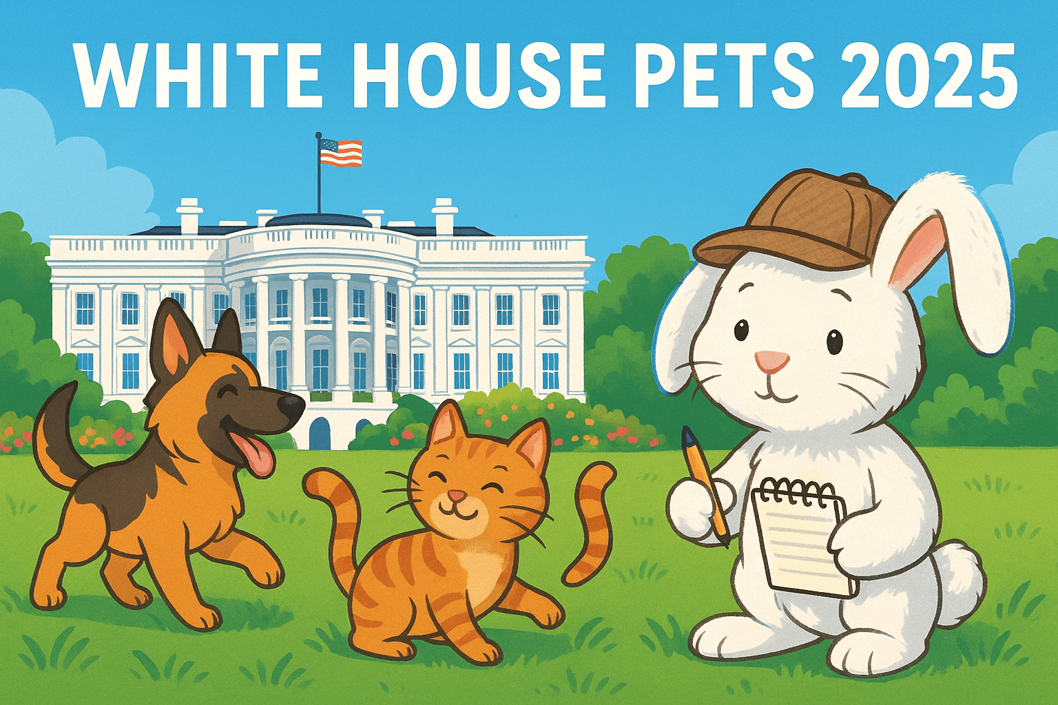 white bunny with notepad and pencil watches german shepherd and tabby cat play on white house lawn