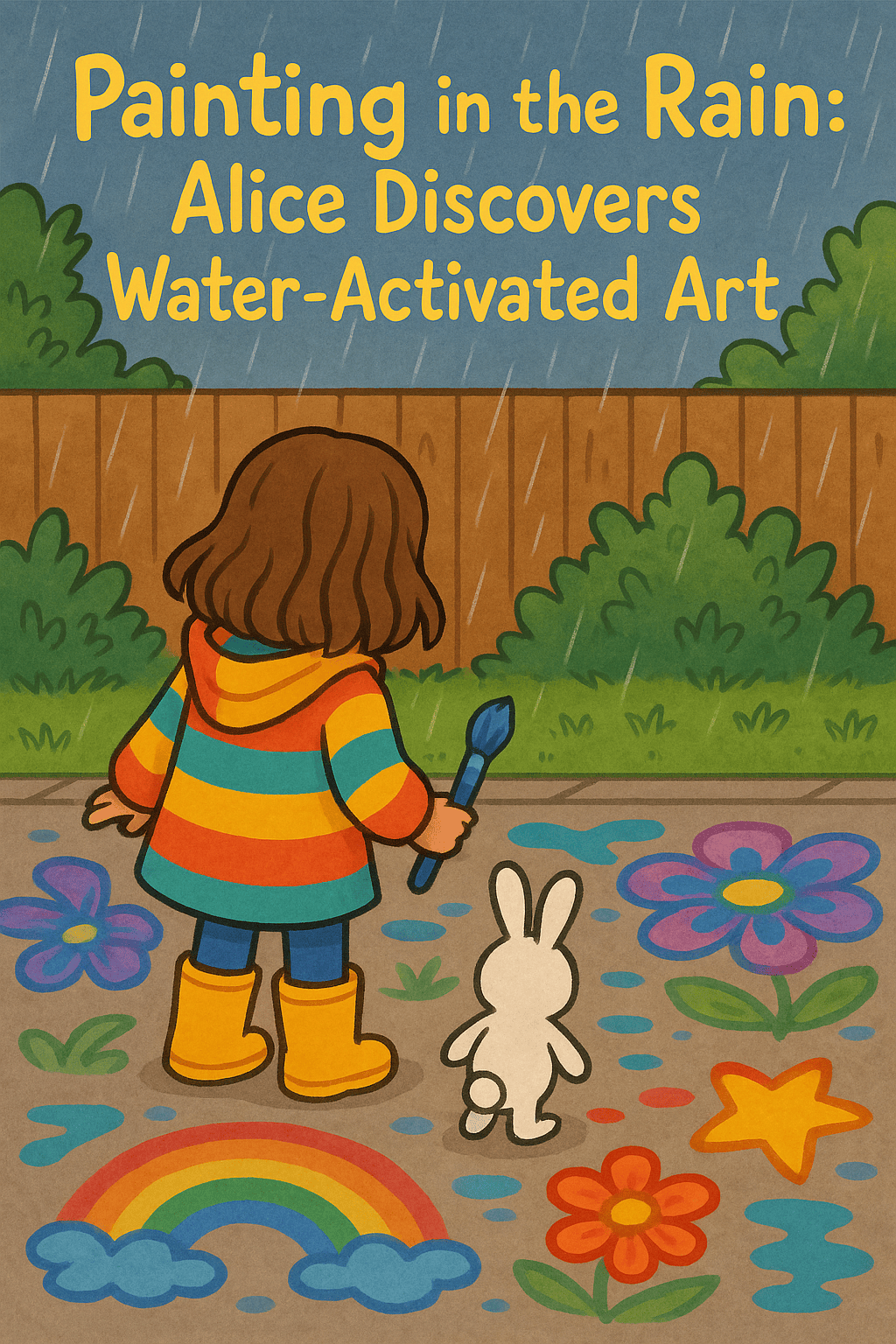 Young girl in rainbow raincoat and boots painting with her white stuffed bunny on a rainy day