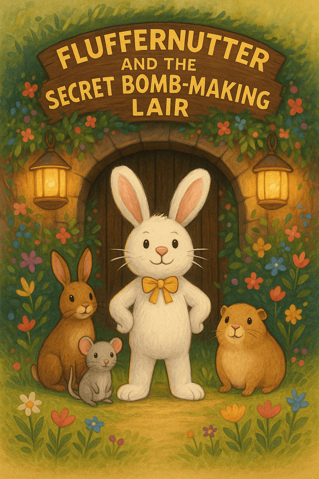 Fluffernutter the bunny stands heroically in front of a glowing lair entrance with Hopper, Whiskers, and Clover beside him, surrounded by flowers and lanterns