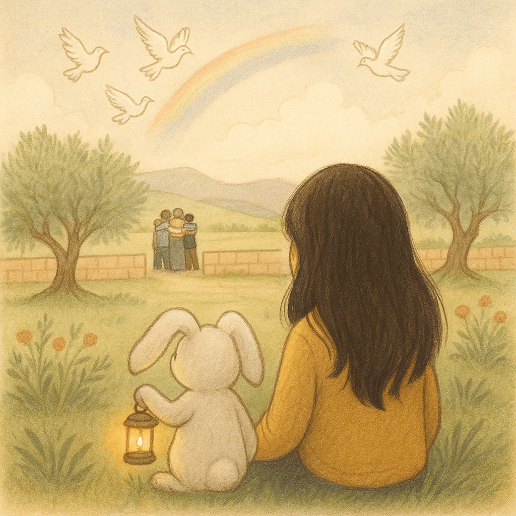 Girl with long brown hair and stuffed white bunny holding a lantern sit under olive trees watching a reunion near a peaceful border with doves and a rainbow