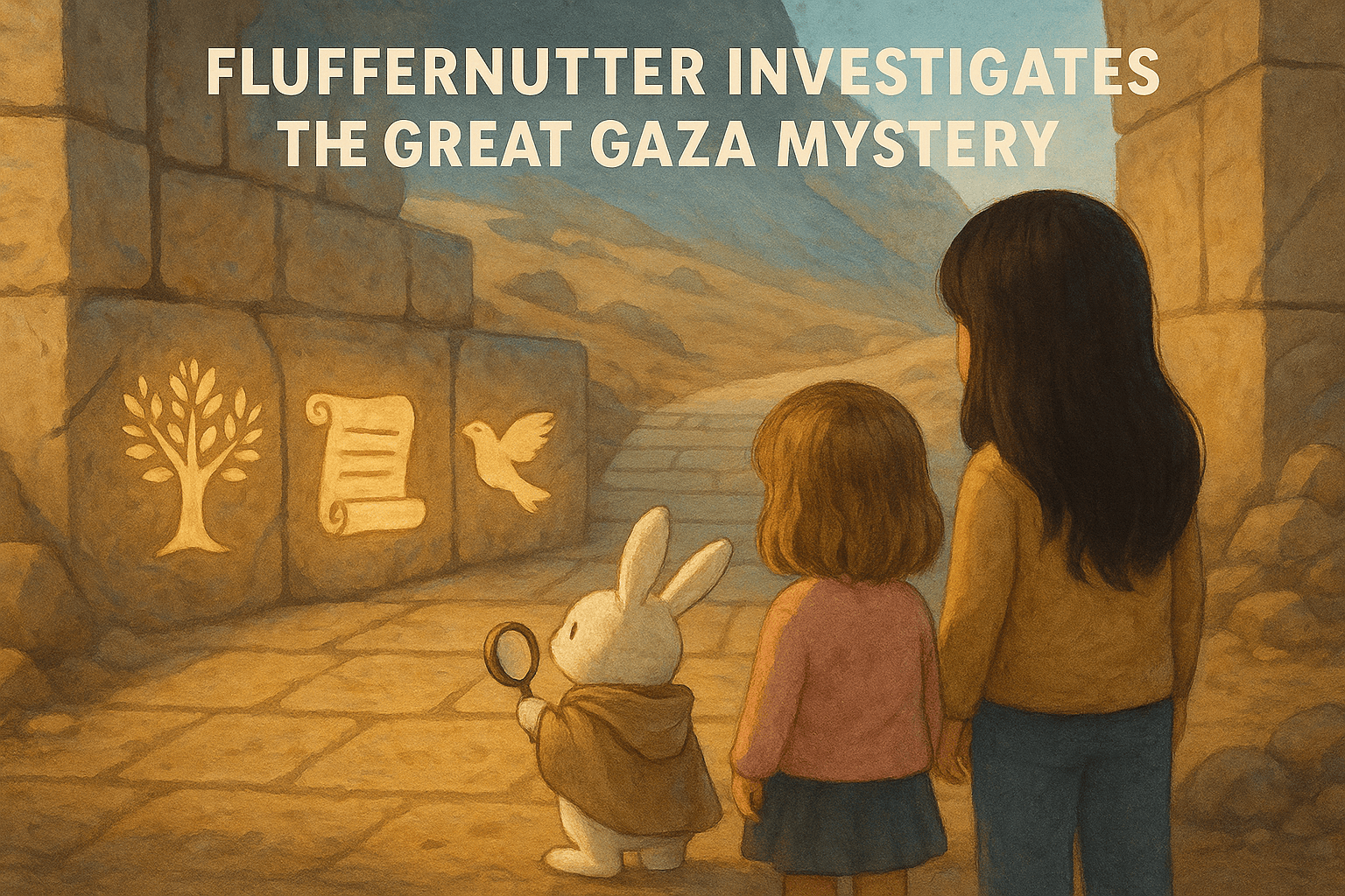 Fluffernutter the bunny holding a magnifying glass examines glowing stone symbols with two girls standing beside him on an ancient desert path