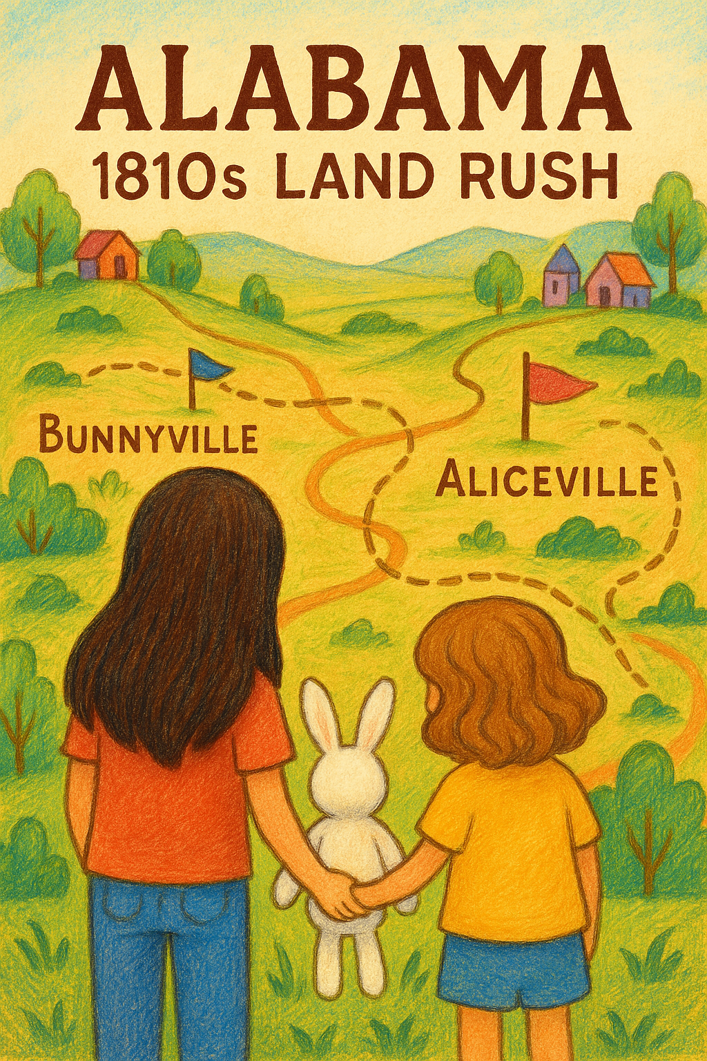 two girls seen from behind with stuffed bunny looking at whimsical 1810s land rush map featuring bunnyville and aliceville