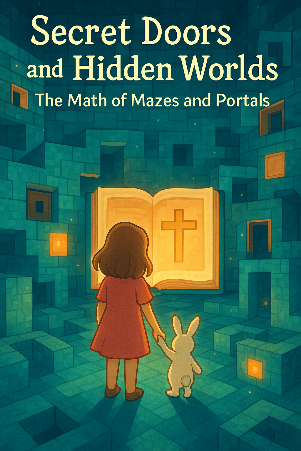 Alice and her white bunny stand before a glowing Bible-shaped portal in a magical Minecraft maze