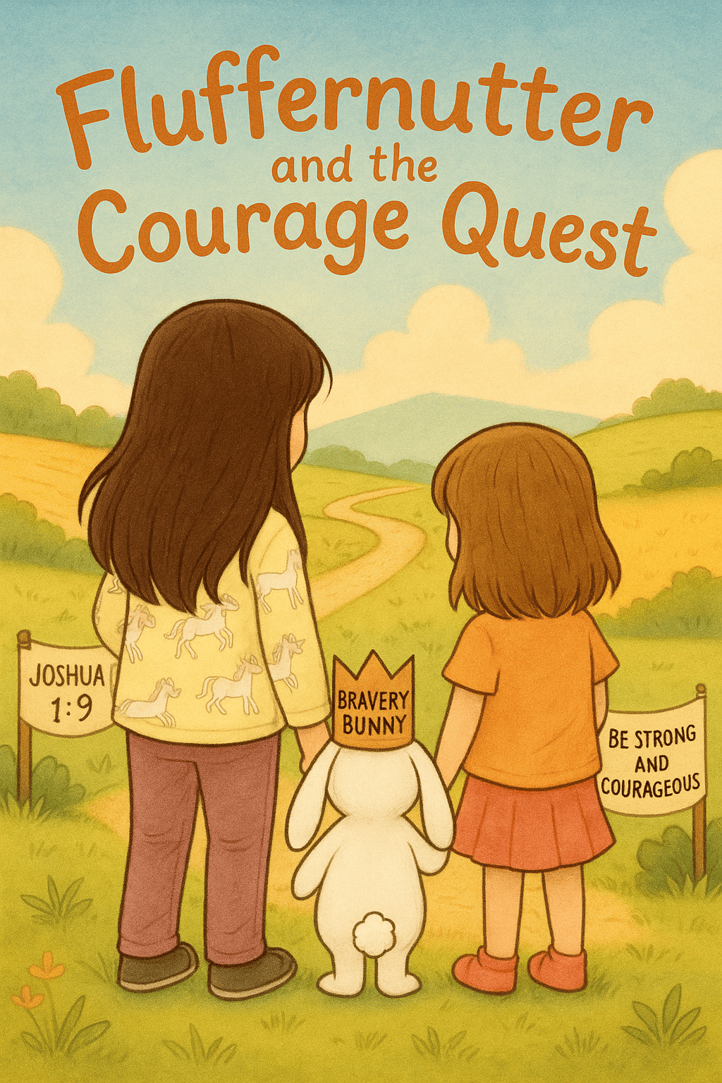 two girls seen from behind with a white bunny between them facing a winding trail under a golden sky with the text fluffernutter and the courage quest above