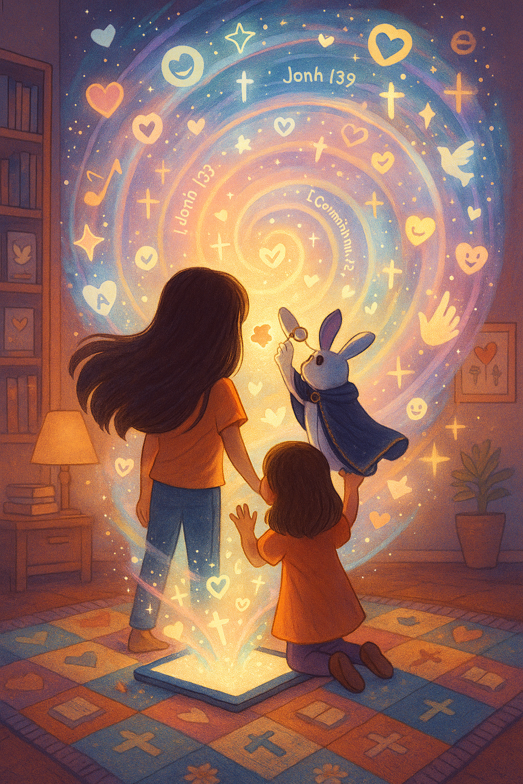 Two girls and a white bunny gaze into a glowing tablet as faith-filled symbols and Bible verses spiral into the air