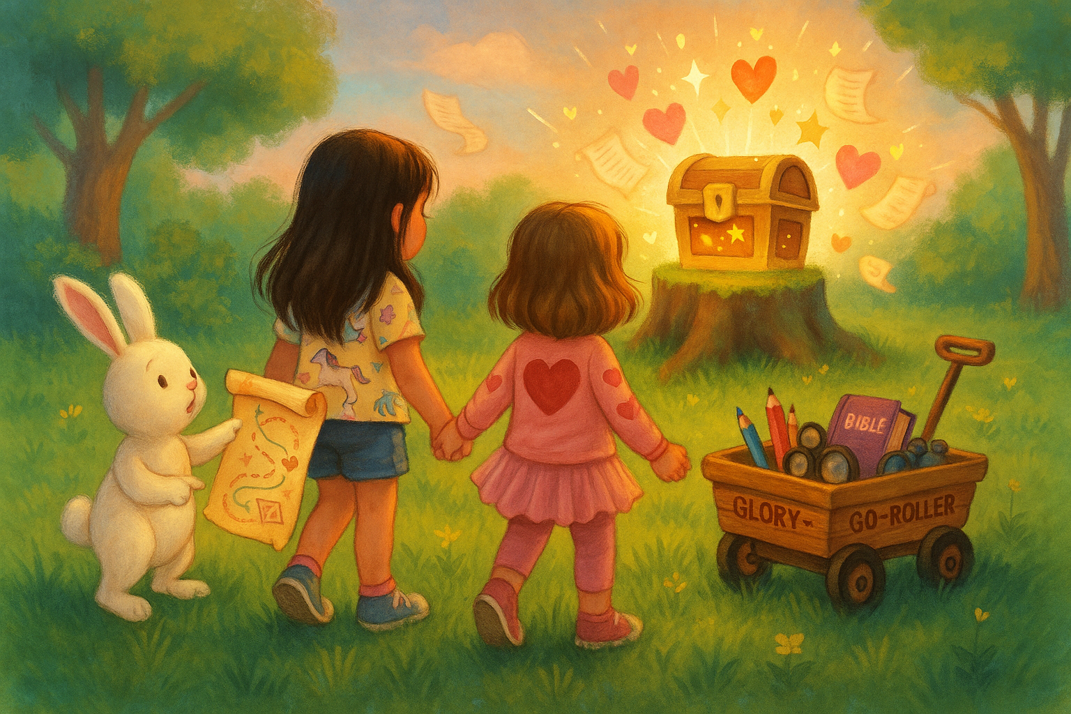 Two young girls and a white bunny discover a glowing treasure chest in a magical forest clearing, guided by a treasure map and a wagon full of faith-filled supplies.