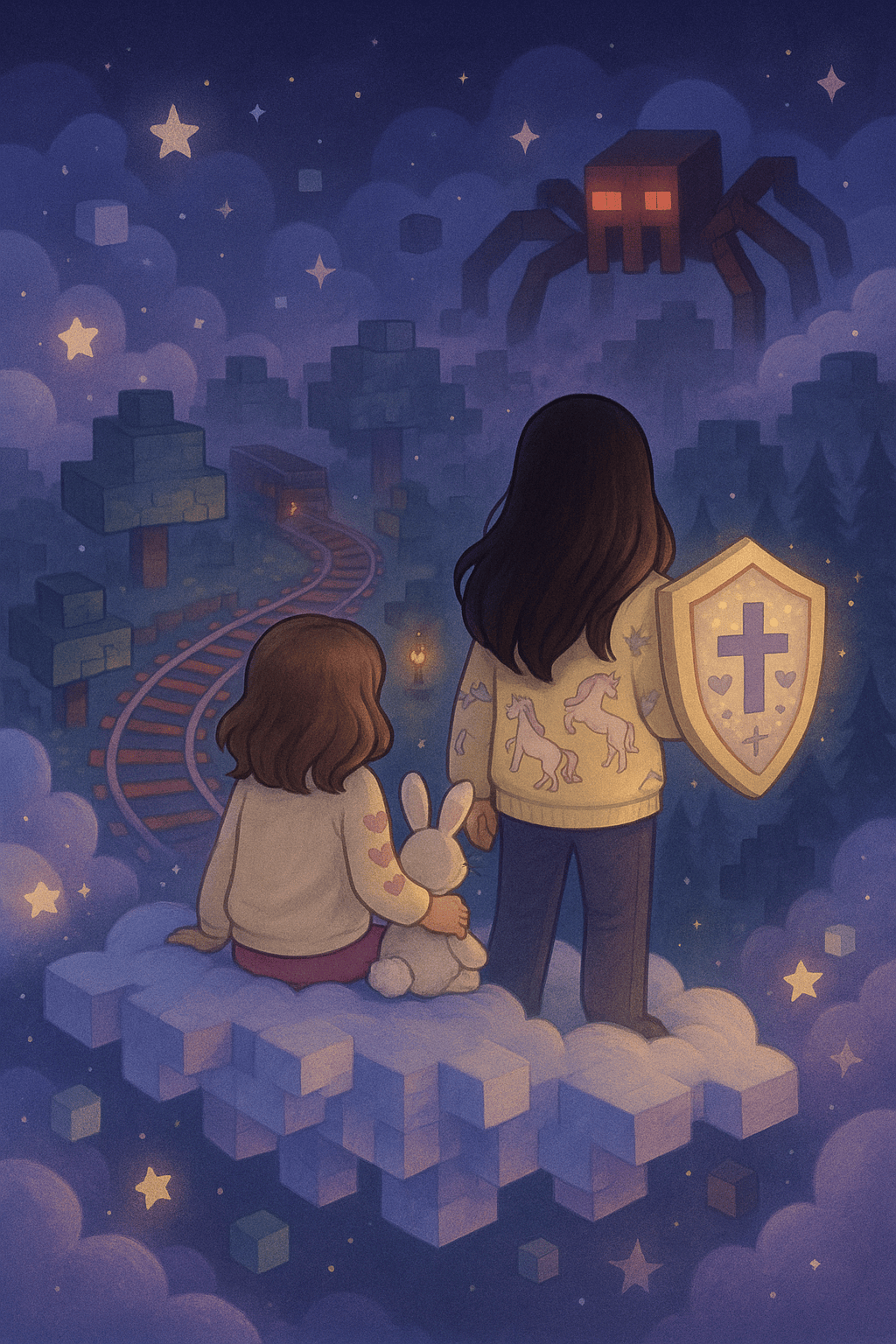 Two girls and a white bunny sit on a pixel cloud in a dreamy Minecraft world, facing a glowing red-eyed spider and a glowing track, with one girl holding a cross-embellished shield.